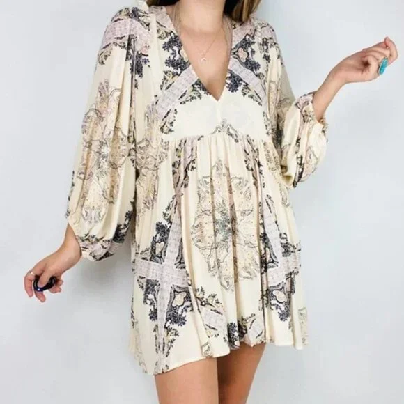Free People Women's Girl Talk Tunic Top Dress Long Sleeve Ivory Pockets Boho XS - Picture 10 of 10